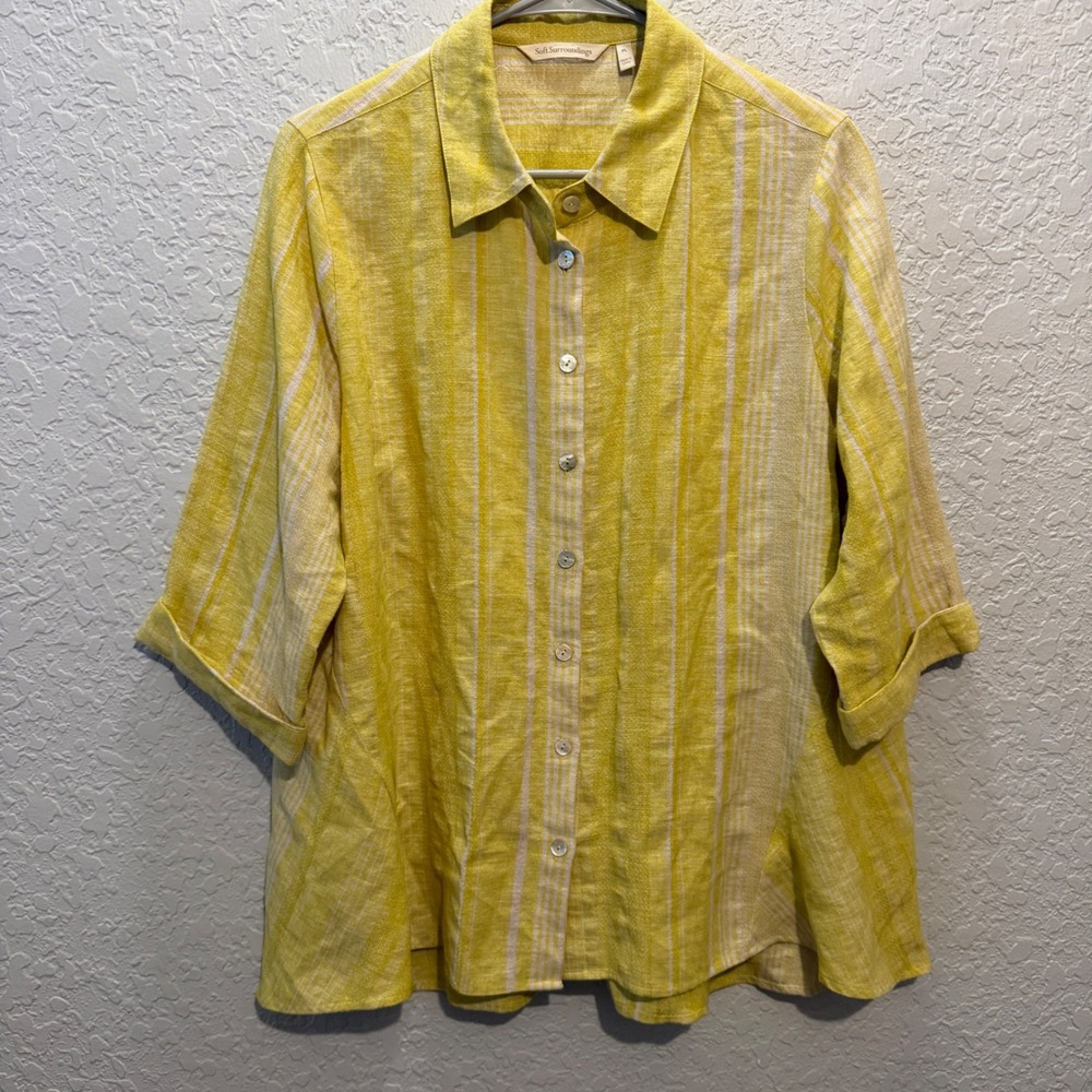 Soft Surroundings Linen Cotton Striped Button Down Shirt PL Yellow Coastal 3CE87